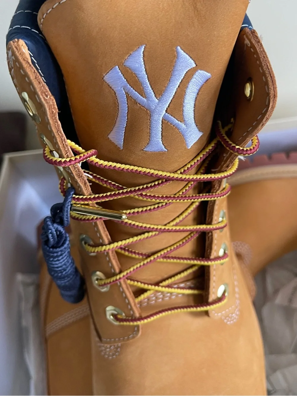 Timberland Wheat Nubuck Lace-Up Work Boots with Navy Collar